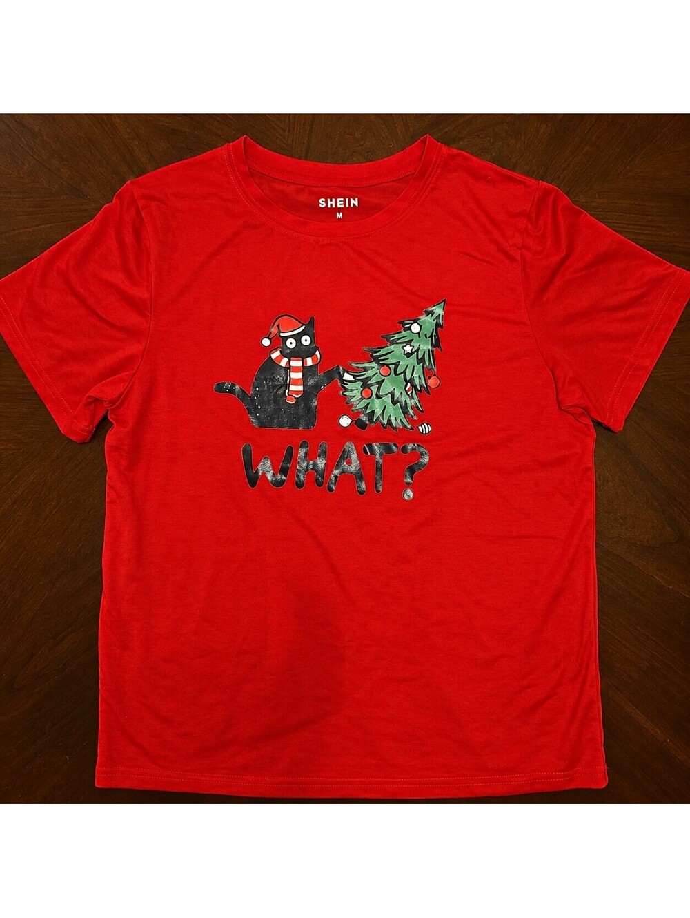 SHEIN Women's M Red Christmas Cat Tree WHAT Graphic T Shirt Holiday Funny
